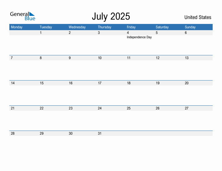 Editable July 2025 Calendar with United States Holidays