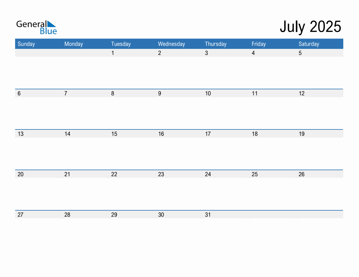 July 2025 Monthly Calendar (PDF, Word, Excel)