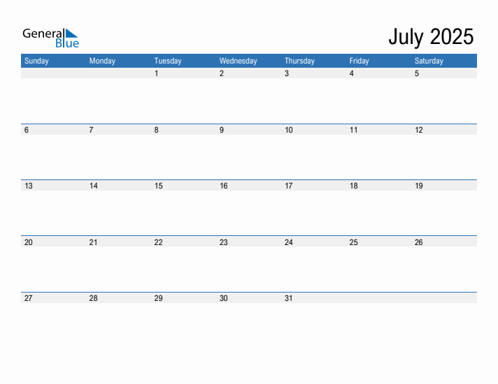 Fillable Calendar for July 2025