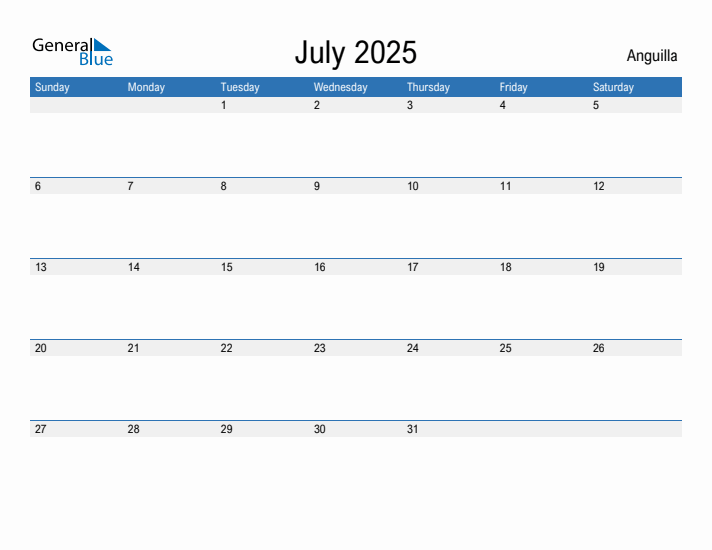 Editable July 2025 Calendar with Anguilla Holidays
