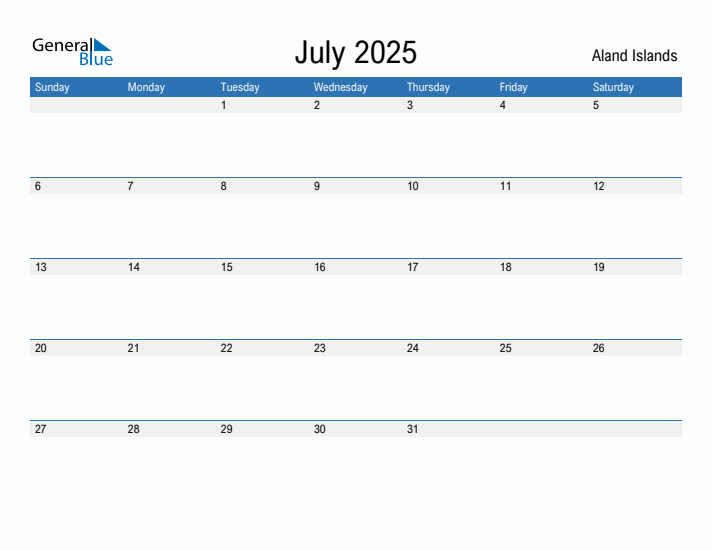 Editable July 2025 Calendar with Aland Islands Holidays