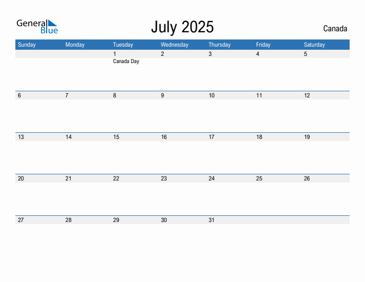 July 2025 Monthly Calendar with Canada Holidays