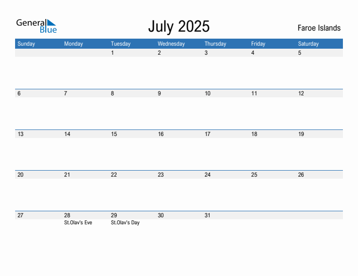 Editable July 2025 Calendar with Faroe Islands Holidays