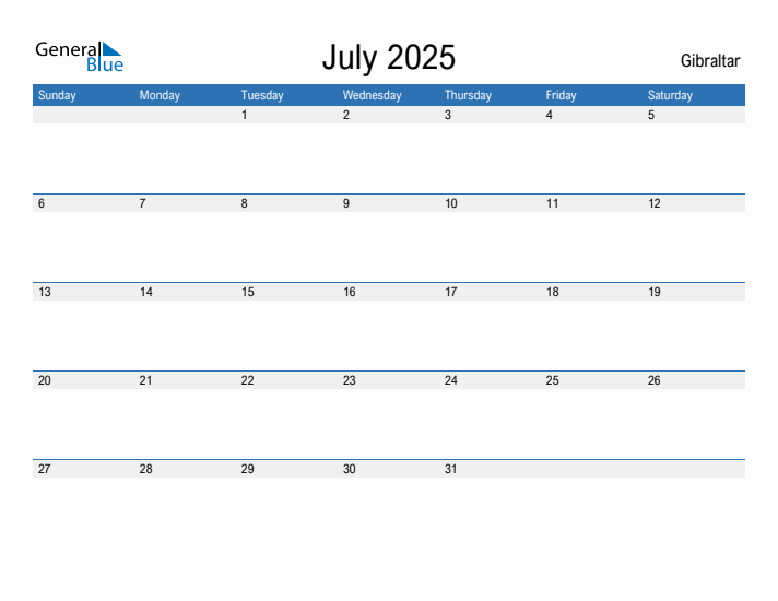 Editable July 2025 Calendar with Gibraltar Holidays