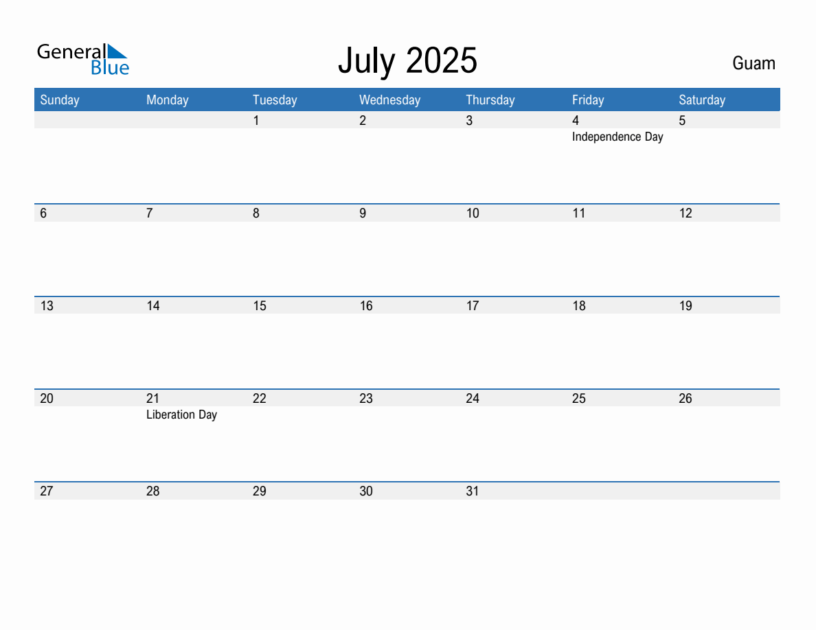 Editable July 2025 Calendar with Guam Holidays