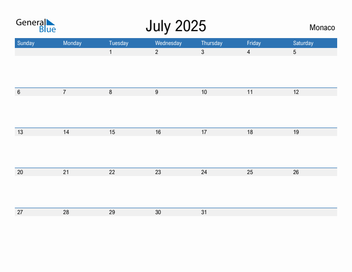 Editable July 2025 Calendar with Monaco Holidays
