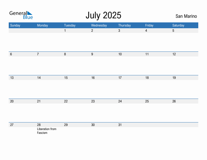 Editable July 2025 Calendar with San Marino Holidays