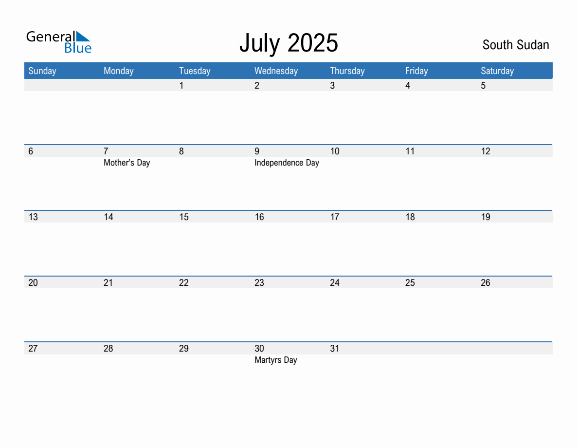 Editable July 2025 Calendar with South Sudan Holidays