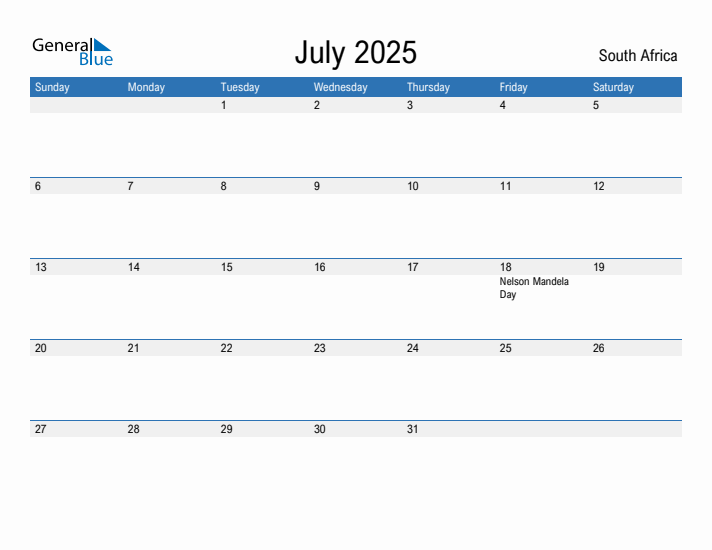 Editable July 2025 Calendar with South Africa Holidays