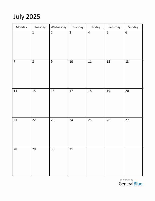 Monday Start Calendar for July 2025