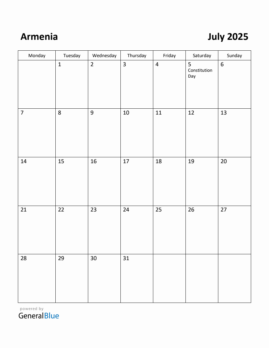 Free Printable July 2025 Calendar for Armenia