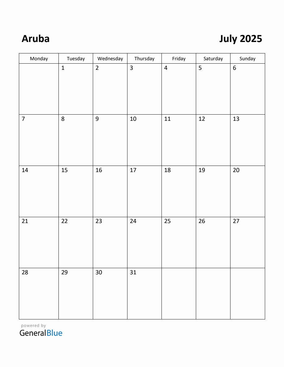 Free Printable July 2025 Calendar for Aruba