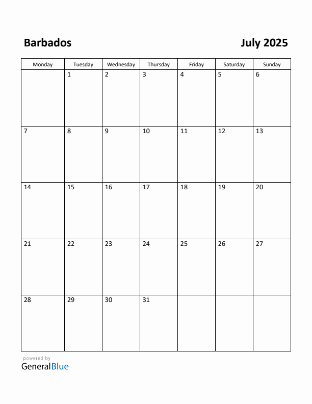 July 2025 Calendar with Barbados Holidays