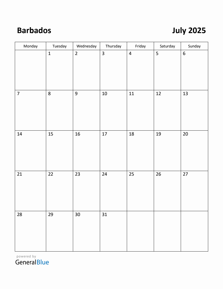 Free Printable July 2025 Calendar for Barbados