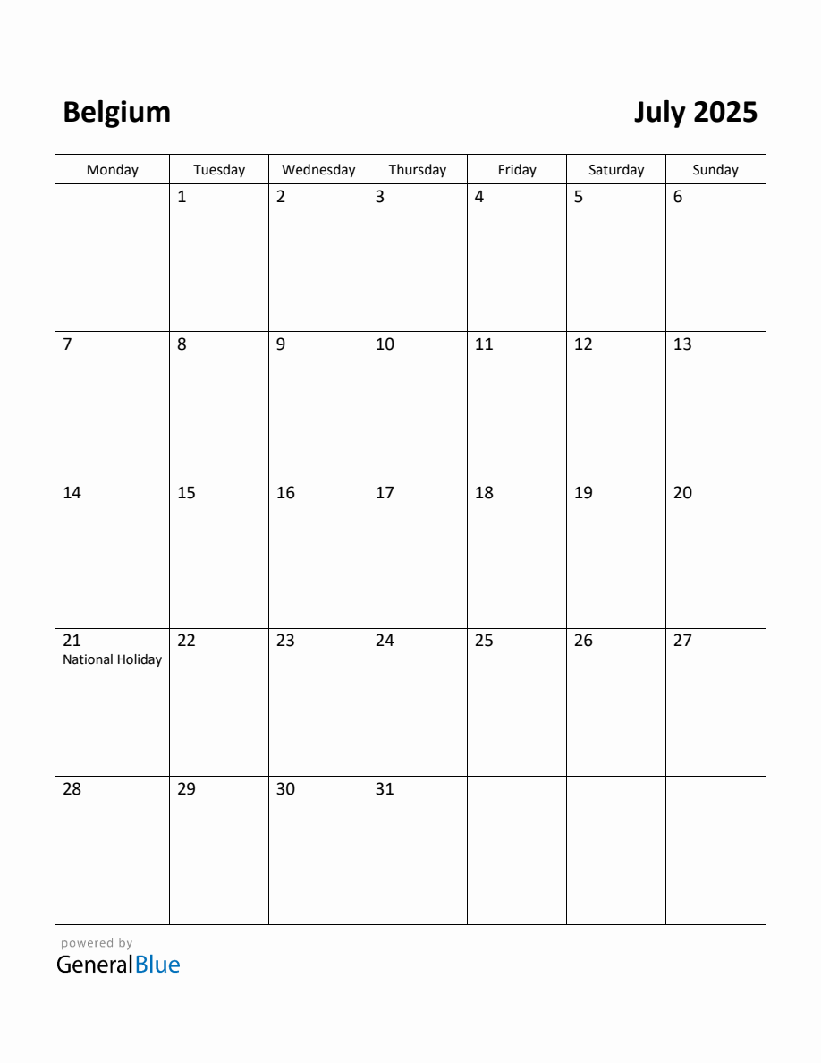 Free Printable July 2025 Calendar for Belgium