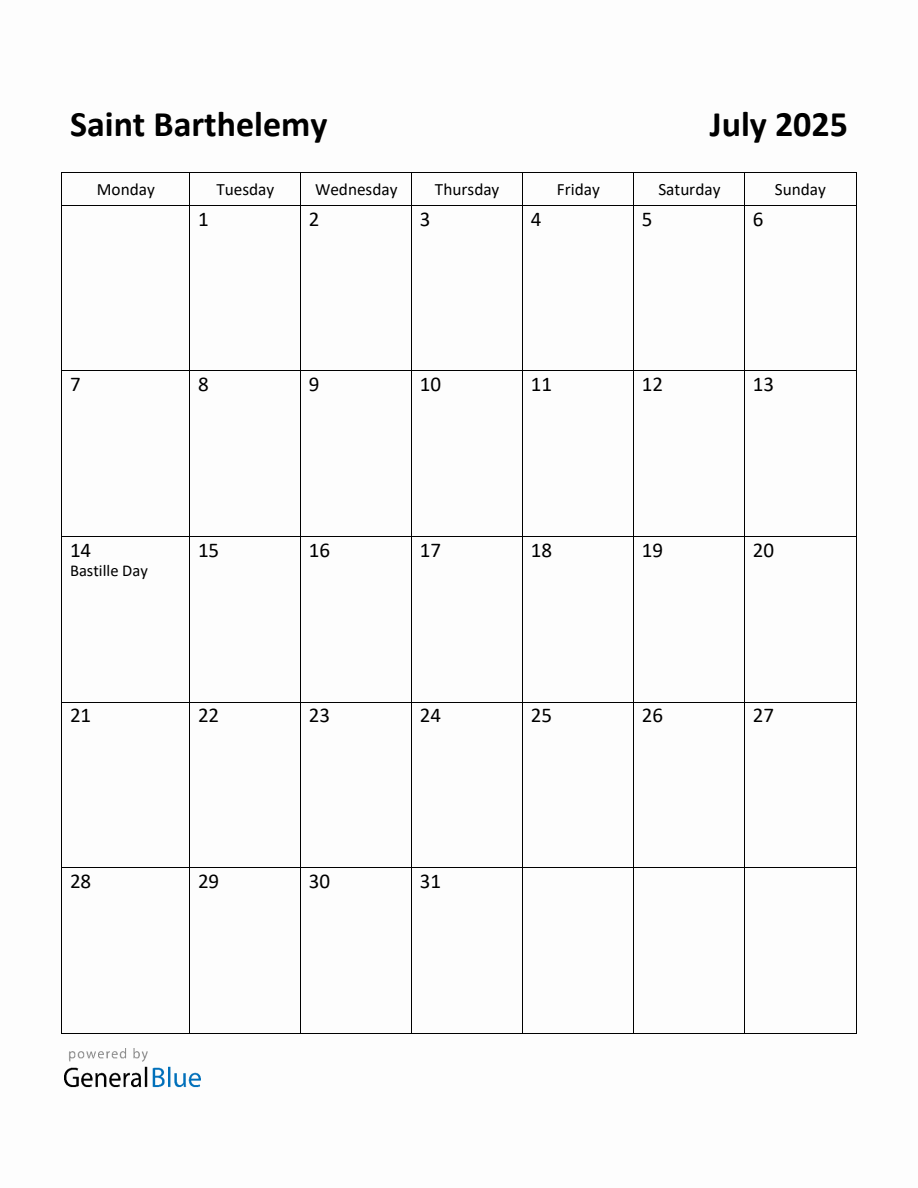 Free Printable July 2025 Calendar for Saint Barthelemy