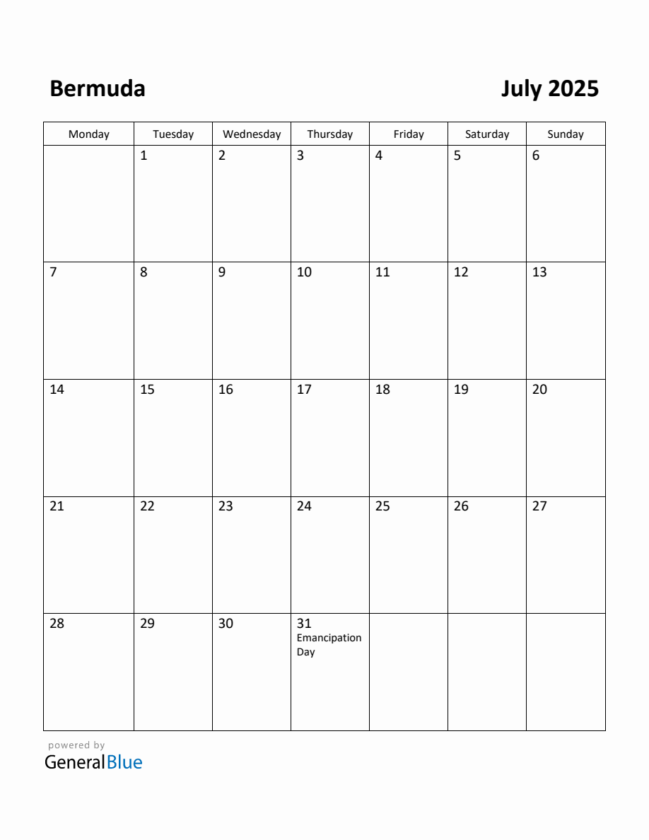 Free Printable July 2025 Calendar for Bermuda