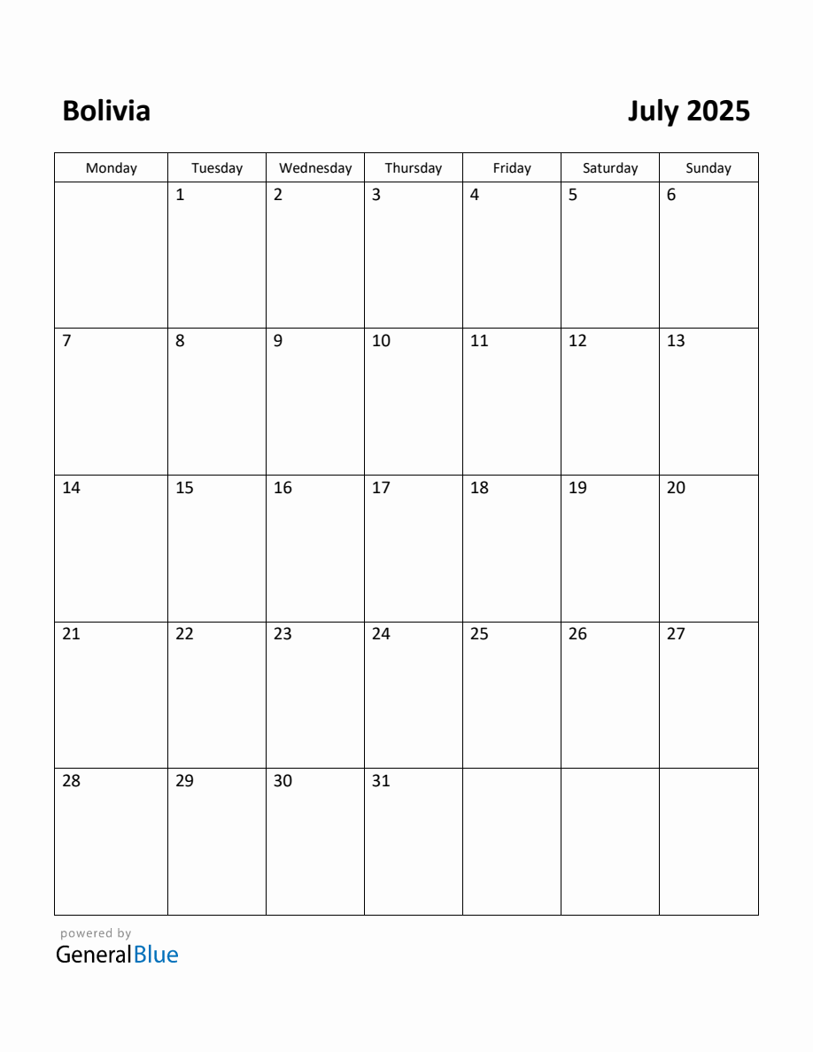 Free Printable July 2025 Calendar for Bolivia