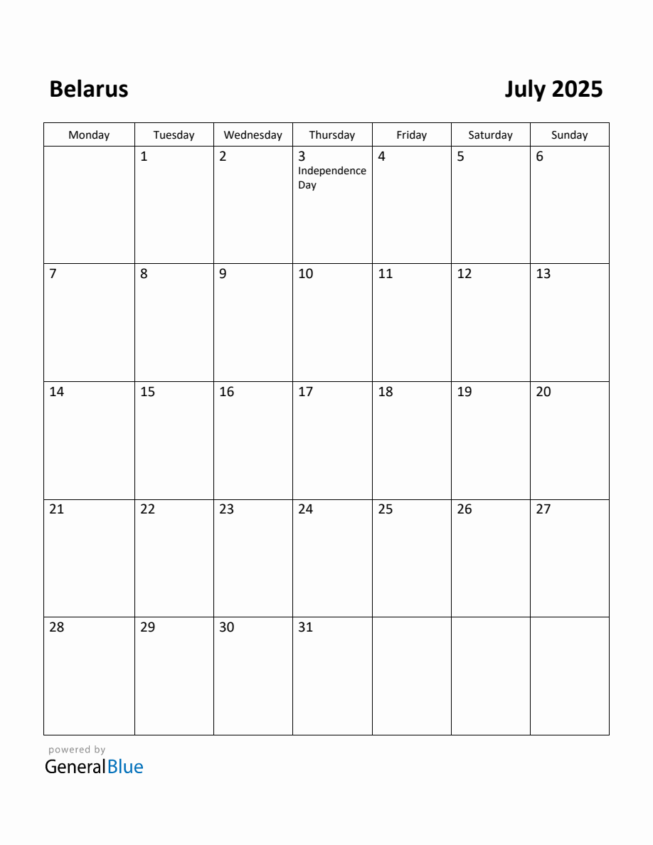 Free Printable July 2025 Calendar for Belarus