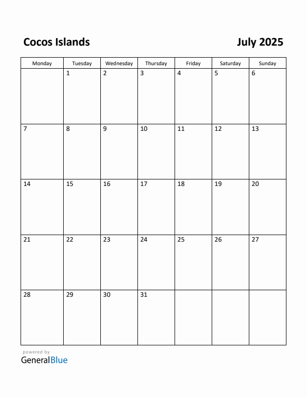 Free Printable July 2025 Calendar for Cocos Islands