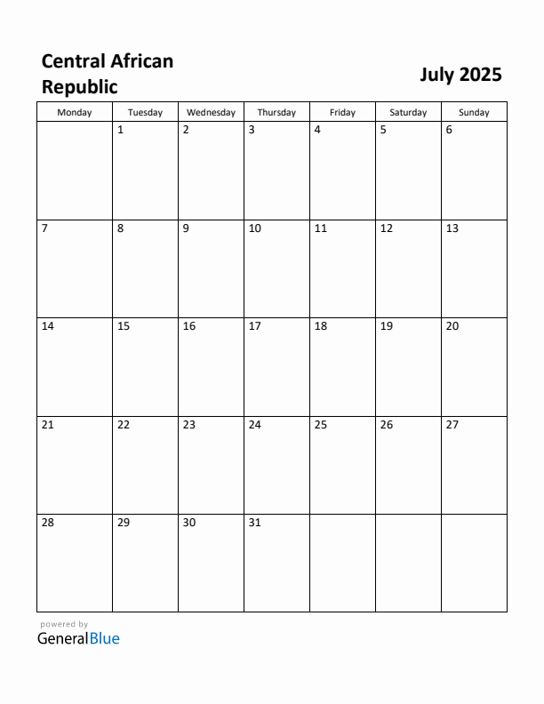 July 2025 Calendar with Central African Republic Holidays