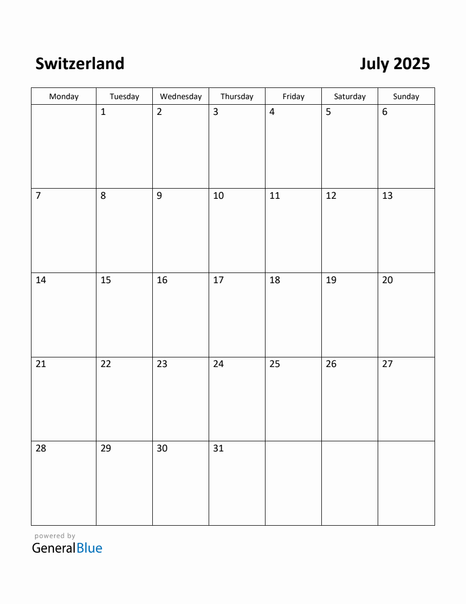 Free Printable July 2025 Calendar for Switzerland