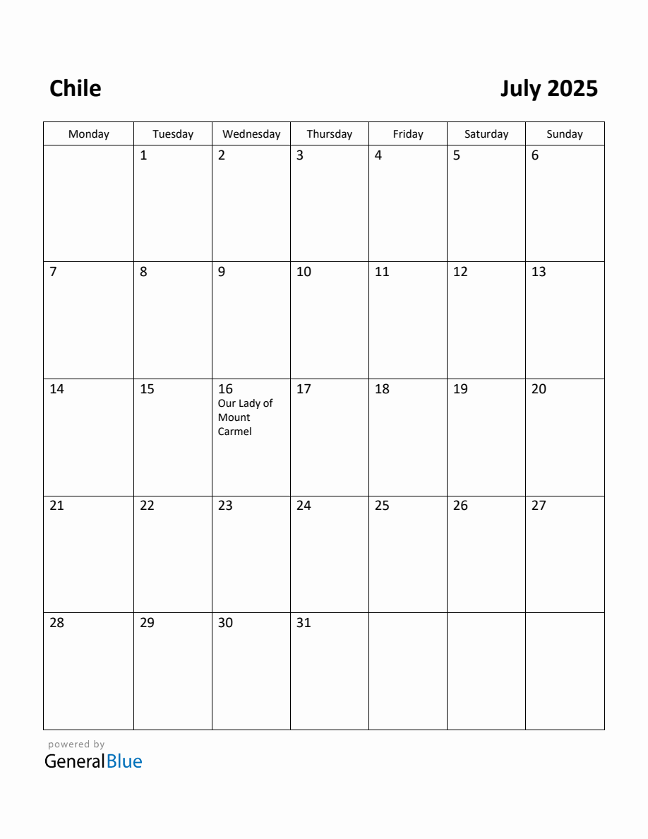 Free Printable July 2025 Calendar for Chile