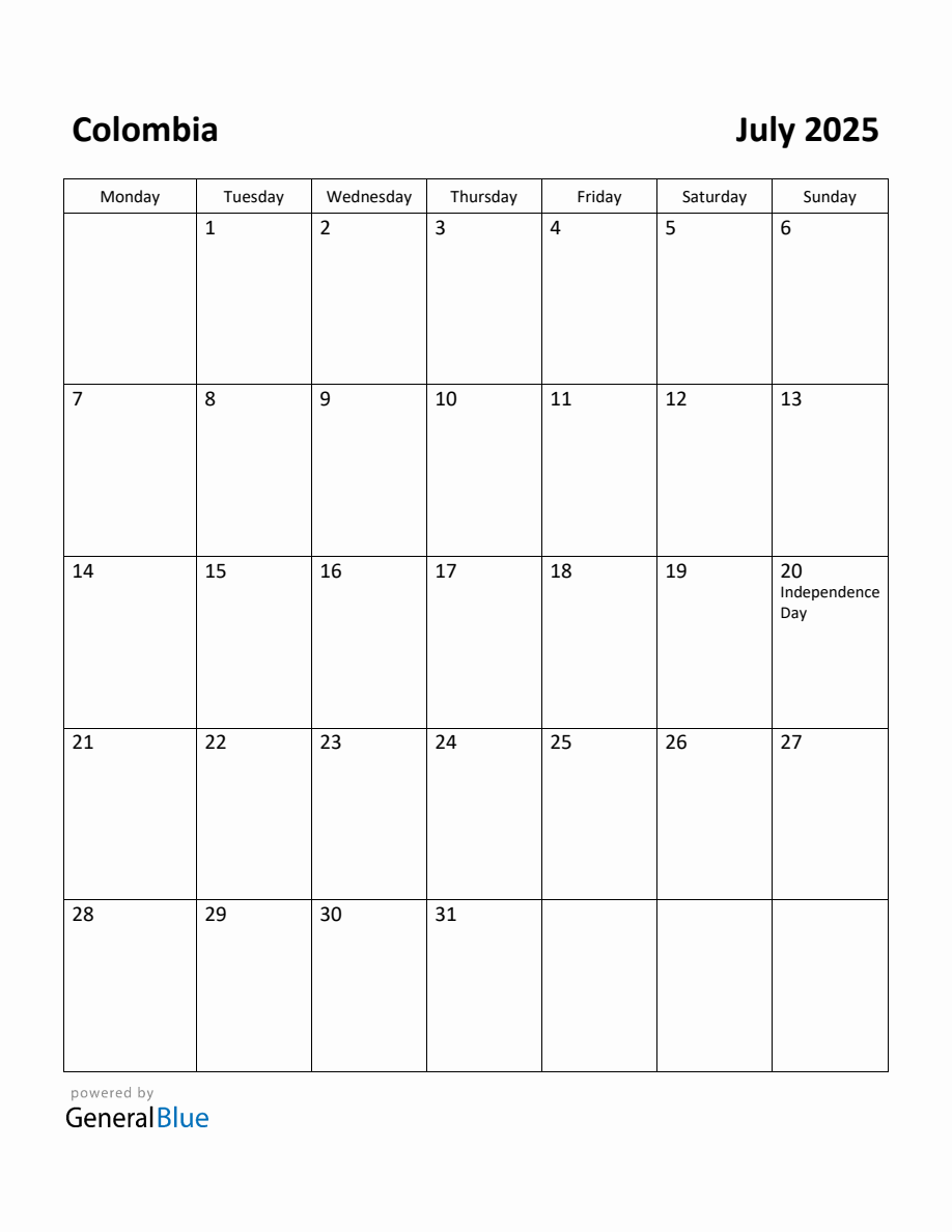 Free Printable July 2025 Calendar for Colombia