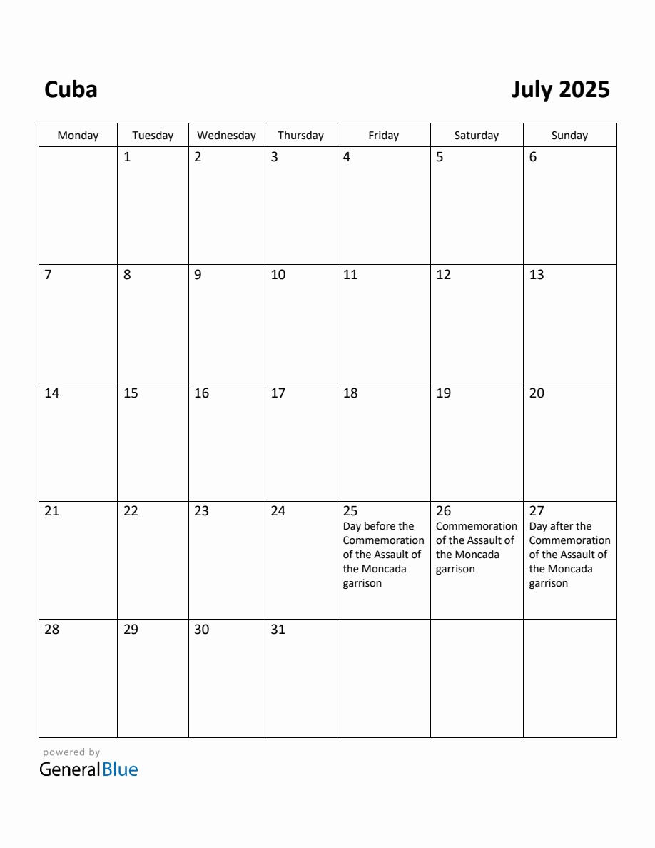 Free Printable July 2025 Calendar for Cuba