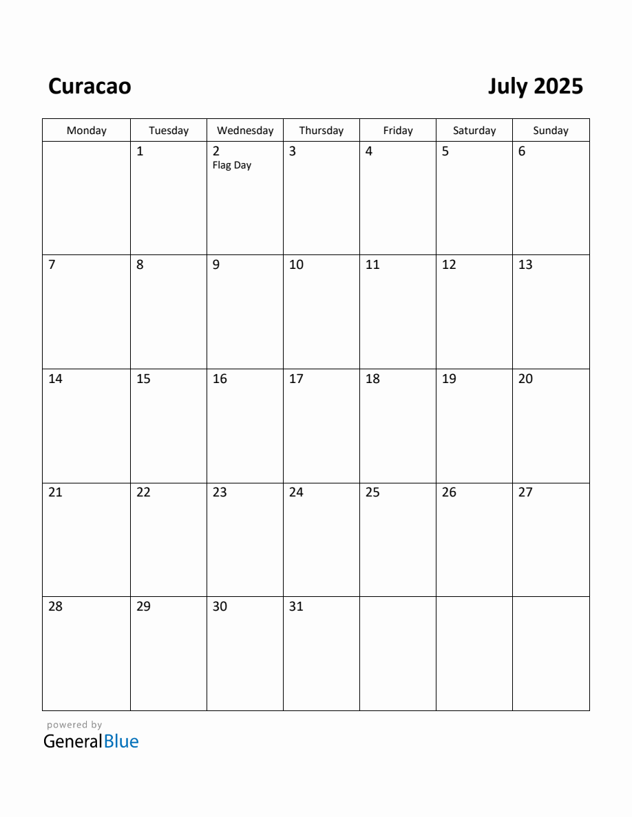 Free Printable July 2025 Calendar for Curacao