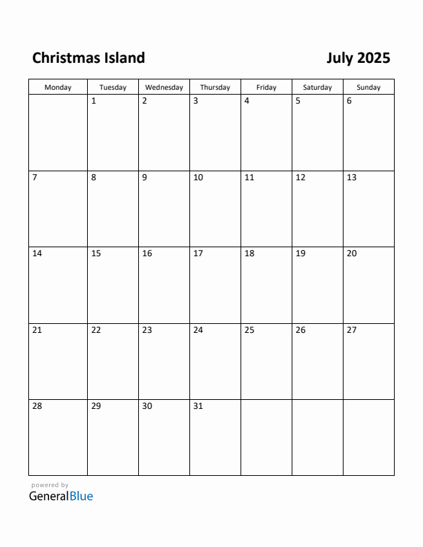 July 2025 Calendar with Christmas Island Holidays