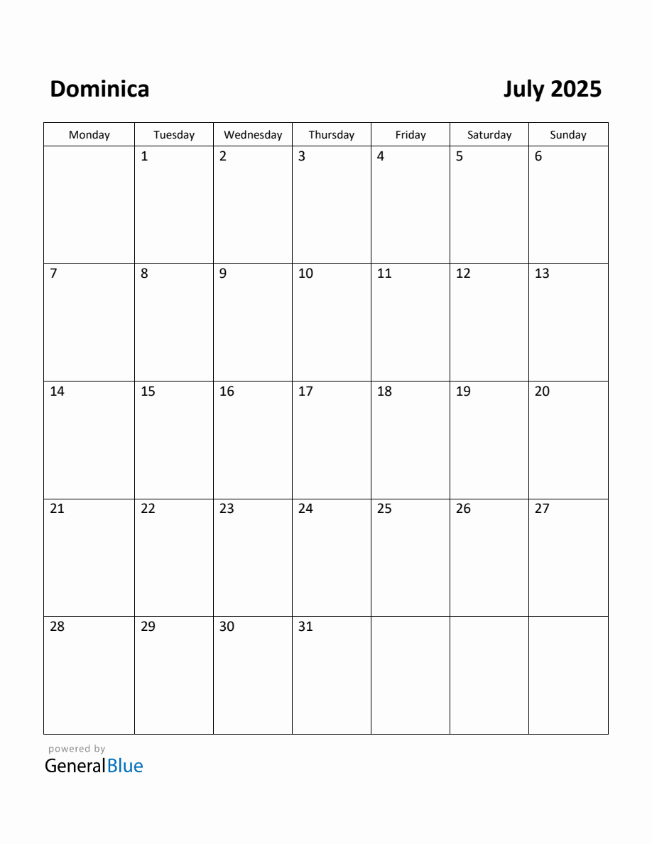 Free Printable July 2025 Calendar for Dominica