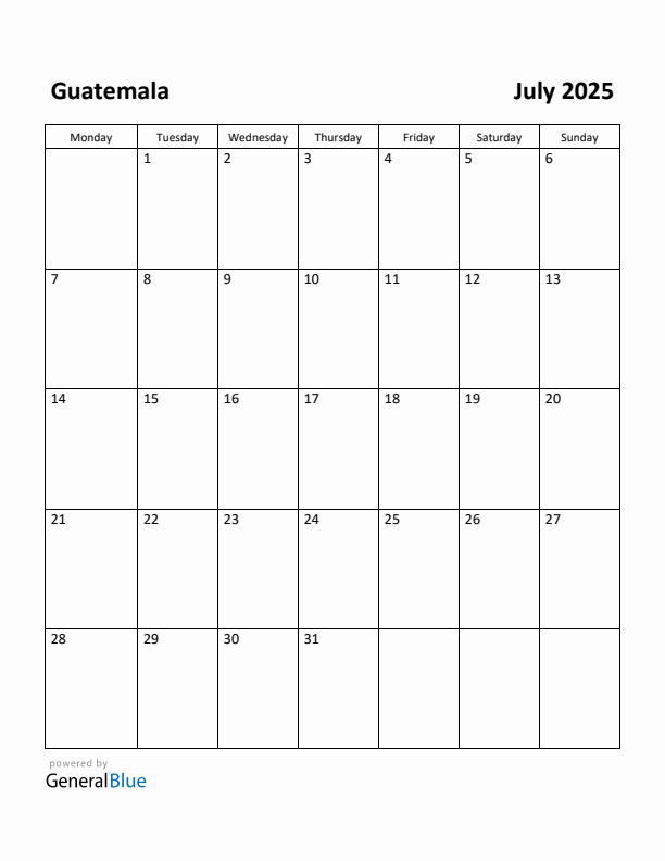 July 2025 Calendar with Guatemala Holidays