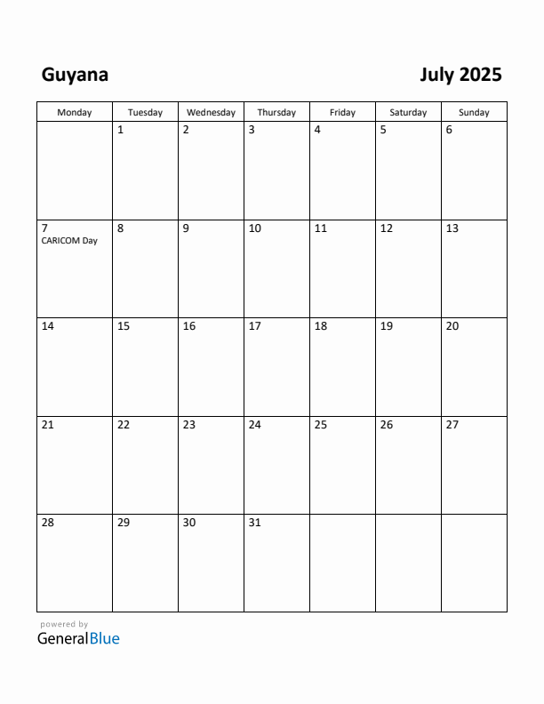 July 2025 Calendar with Guyana Holidays