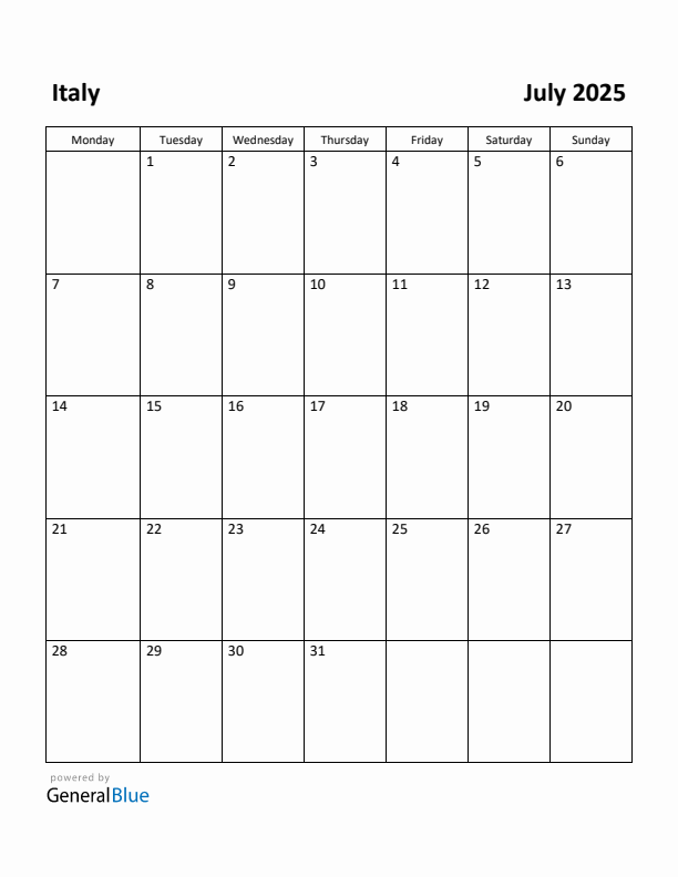 Free Printable July 2025 Calendar for Italy