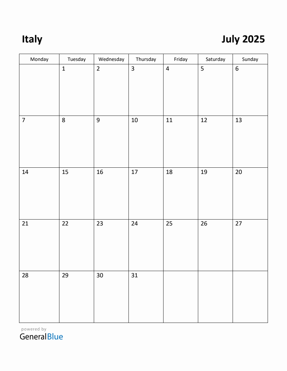 Free Printable July 2025 Calendar for Italy