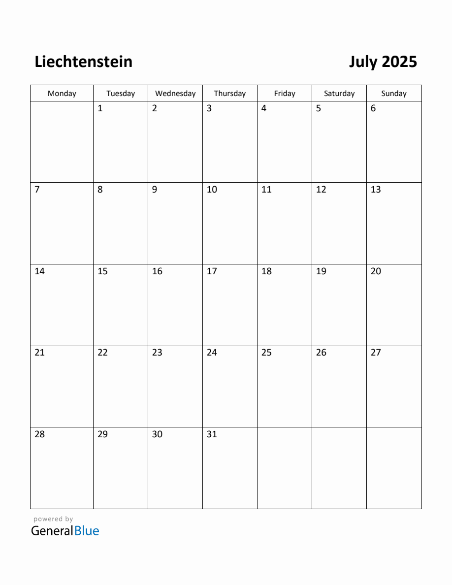 Free Printable July 2025 Calendar for Liechtenstein