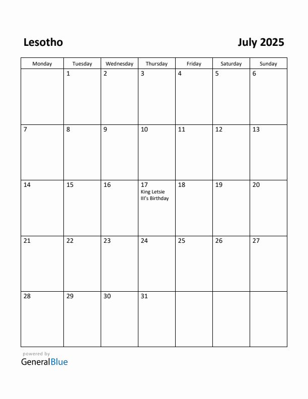 July 2025 Calendar with Lesotho Holidays
