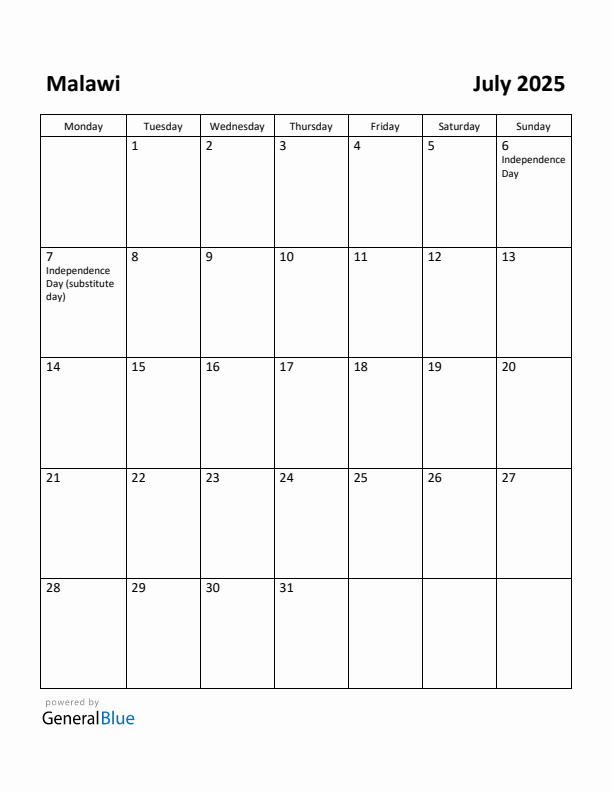 July 2025 Calendar with Malawi Holidays