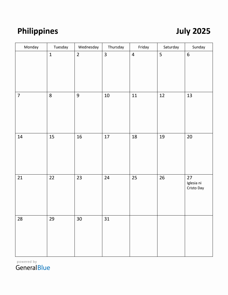 Free Printable July 2025 Calendar for Philippines