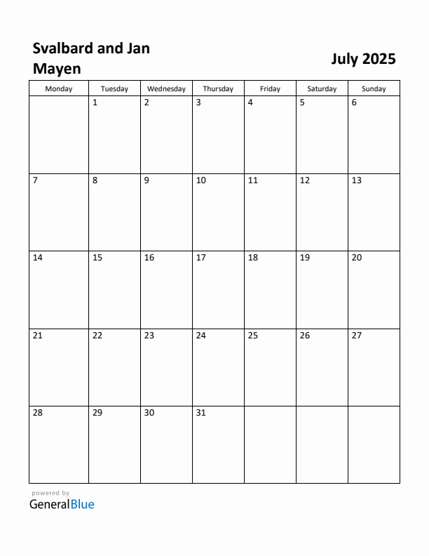 Free Printable July 2025 Calendar for Svalbard and Jan Mayen