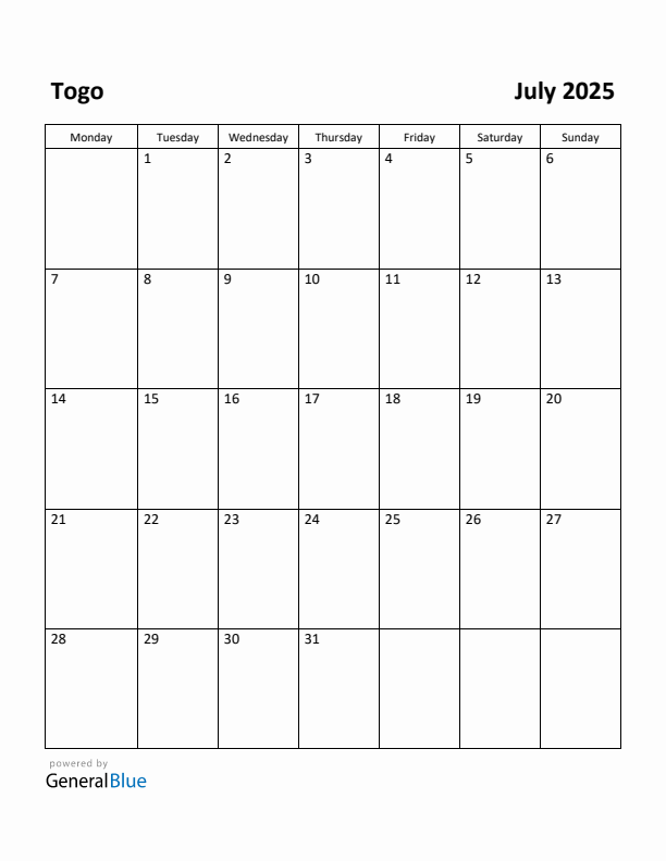July 2025 Calendar with Togo Holidays
