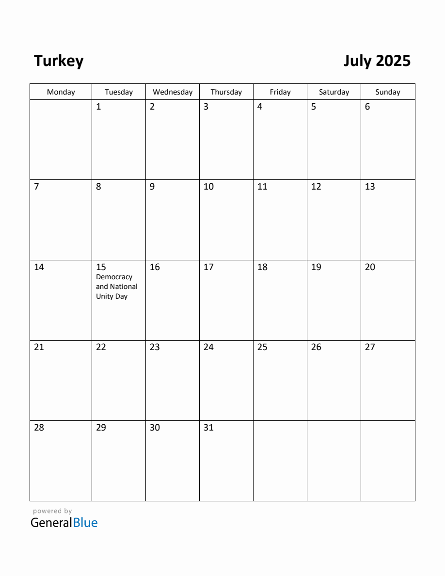 Free Printable July 2025 Calendar for Turkey