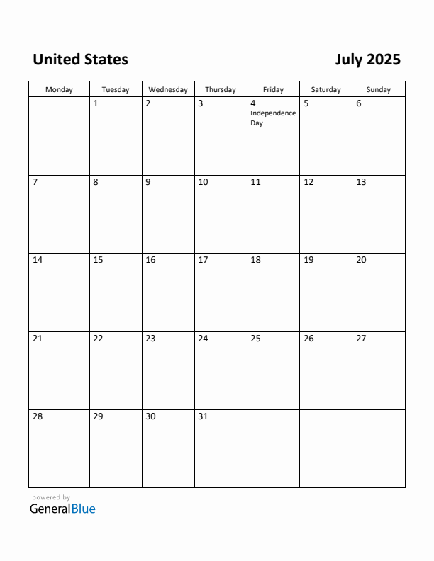 July 2025 Calendar with United States Holidays