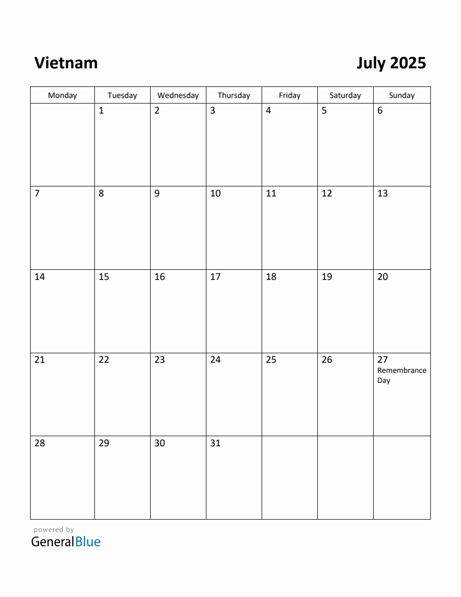 Free Printable July 2025 Calendar for Vietnam