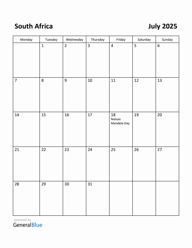 Free Printable July 2025 Calendar for South Africa