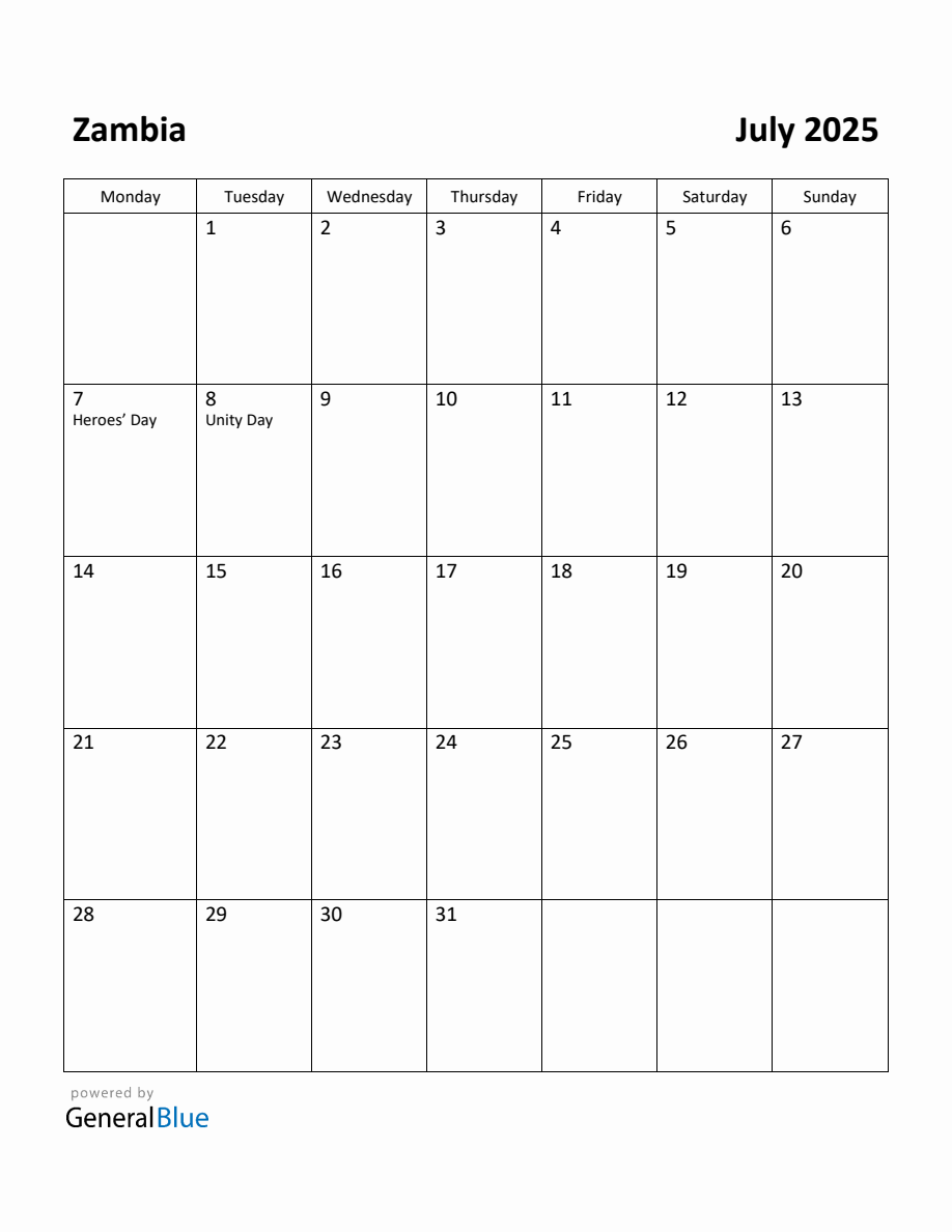 Free Printable July 2025 Calendar for Zambia