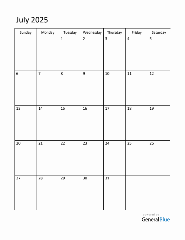 Sunday Start Calendar for July 2025