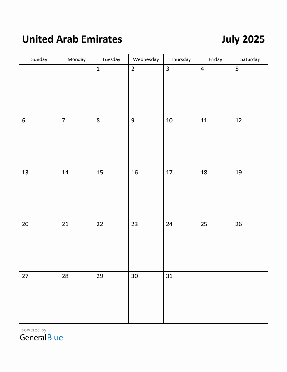 Free Printable July 2025 Calendar for United Arab Emirates