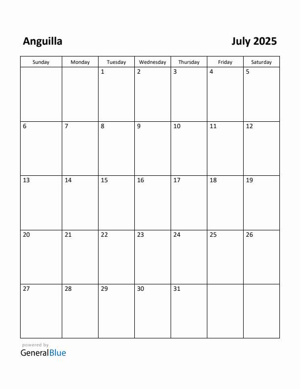 July 2025 Calendar with Anguilla Holidays